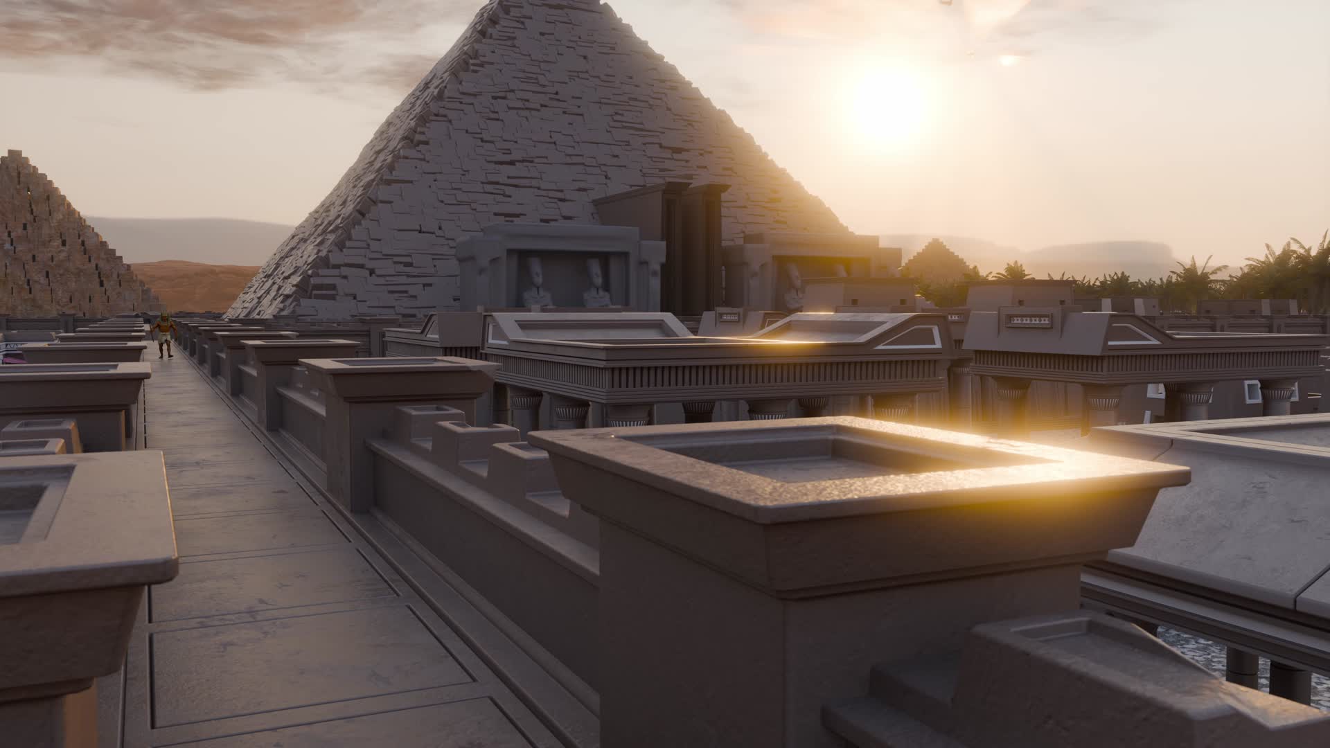 Sunset over the temples and monumental architecture of Tutankhamun